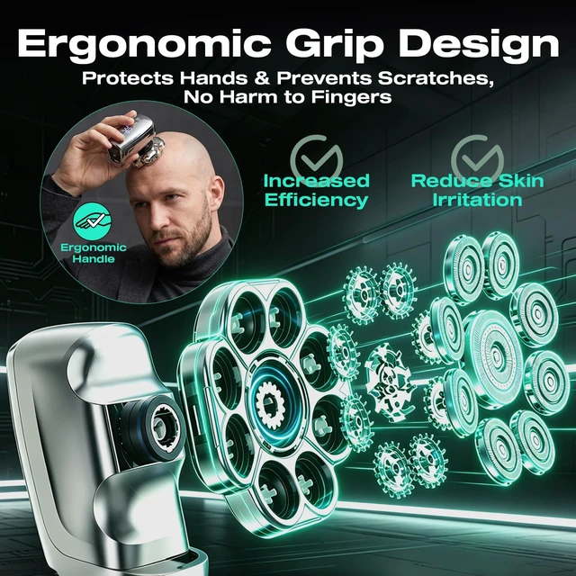 Alt view image 3 of 7 - Waking Forest Head Shavers for Bald Men, 6-in-1 9D Floating Skull Shaver | Mens Grooming Kit, Beard Trimmer Clippers, Nose Trimmer, Body Hair Shaver, IPX7 Waterproof Electric Razor, LED Display