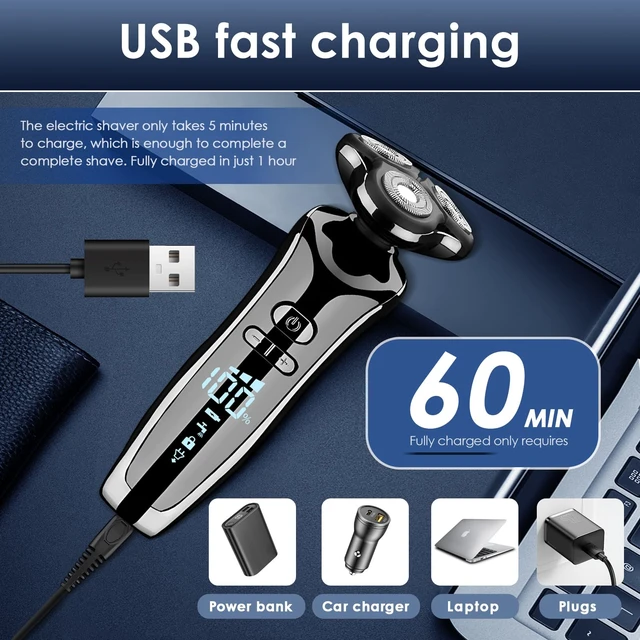 Alt view image 5 of 7 - Unipampa Electric Razor for Men, 4-in-1 Electric Shaver Wet & Dry with Hair Clipper Nose Trimmer and Face Cleaning Brush, Rechargeable Rotary Shaver, Floating Heads, LCD Display,Travel Lock,Waterproof