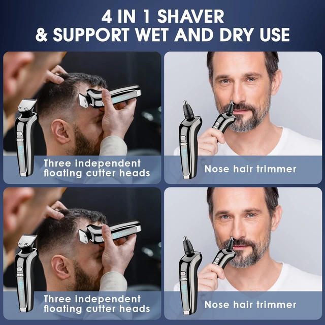 Alt view image 7 of 7 - Unipampa Electric Razor for Men, 4-in-1 Electric Shaver Wet & Dry with Hair Clipper Nose Trimmer and Face Cleaning Brush, Rechargeable Rotary Shaver, Floating Heads, LCD Display,Travel Lock,Waterproof