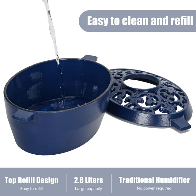 Alt view image 4 of 7 - Zettfuly Wood Stove Steamer Humidifier, 2.5 Quart Cast Iron Pot (Blue) | with Porcelain Enamel Coating & Lattice Top, Rust Resistant, Decorative Humidifier for Fireplace, Home Indoor Use