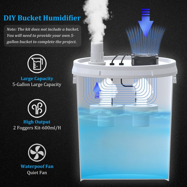 Alt view image 2 of 7 - 19L Large DIY Humidifier Kit for Plants & Mushrooms (2-Fogger, Double Mist) | Ideal for Grow Tent, Greenhouse, Terrarium | Turns a 5 Gallon Bucket into Cool Mist Humidifier, Extendable Hose