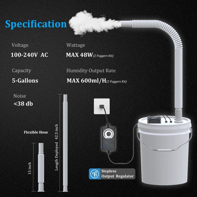 Alt view image 5 of 7 - 19L Large DIY Humidifier Kit for Plants & Mushrooms (2-Fogger, Double Mist) | Ideal for Grow Tent, Greenhouse, Terrarium | Turns a 5 Gallon Bucket into Cool Mist Humidifier, Extendable Hose