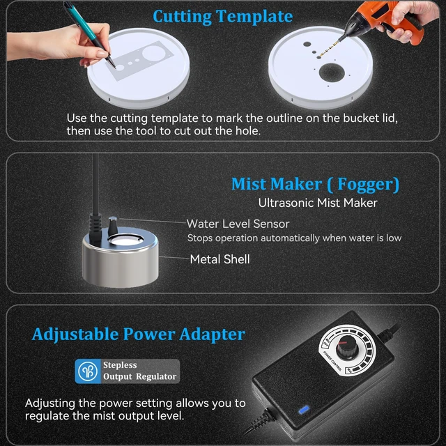 Alt view image 7 of 7 - 19L Large DIY Humidifier Kit for Plants & Mushrooms (2-Fogger, Double Mist) | Ideal for Grow Tent, Greenhouse, Terrarium | Turns a 5 Gallon Bucket into Cool Mist Humidifier, Extendable Hose