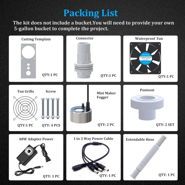 Alt view image 6 of 7 - 19L Large DIY Humidifier Kit for Plants & Mushrooms (2-Fogger, Double Mist) | Ideal for Grow Tent, Greenhouse, Terrarium | Turns a 5 Gallon Bucket into Cool Mist Humidifier, Extendable Hose