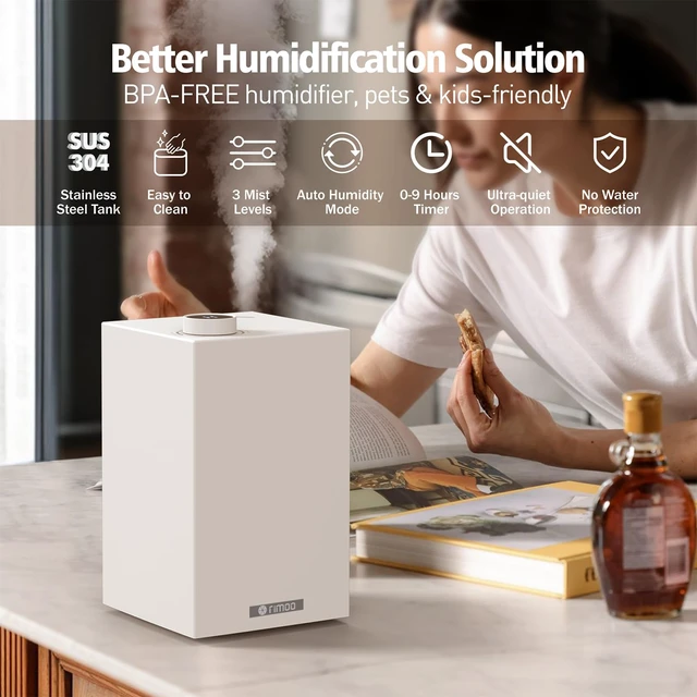 Alt view image 2 of 7 - RIMOO Stainless Steel Humidifier, Cool Mist Humidifiers with Only 3 Parts Easy to Clean, Top Fill Humidifier with 1-9H Timer, 30dB Whisper-Quiet, Filterless for Bedroom Large Baby Room Office
