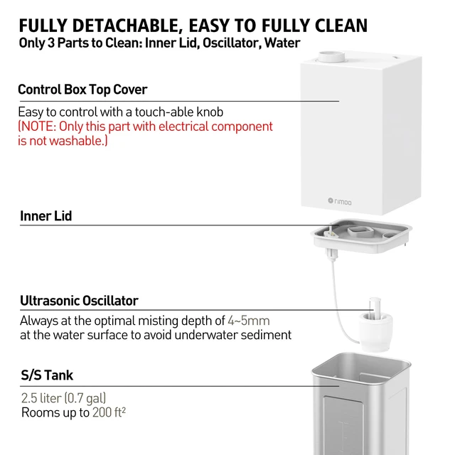 Alt view image 3 of 7 - RIMOO Stainless Steel Humidifier, Cool Mist Humidifiers with Only 3 Parts Easy to Clean, Top Fill Humidifier with 1-9H Timer, 30dB Whisper-Quiet, Filterless for Bedroom Large Baby Room Office