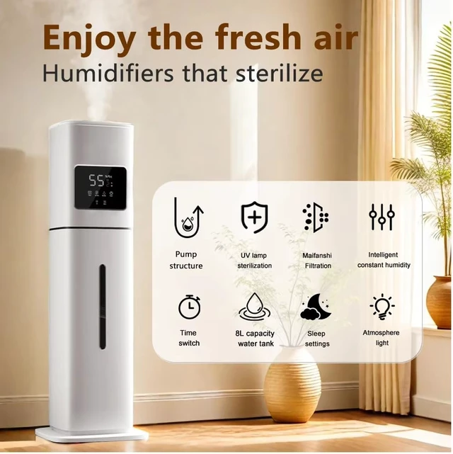 Alt view image 3 of 7 - Smart White Humidifier, 2.1Gal/8L Large Capacity Cool Mist Humidifier with 3 Mist Levels, Auto Humidity Control, Timer & Auto Shut-Off, LED Panel & Remote, 360° Nozzle for Nursery, Office, Plants