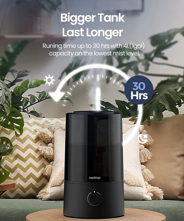 Alt view image 2 of 7 - raydrop Humidifiers for Bedroom, Humidifiers for Home & Large Room, Cool Mist Humidfiers for Baby and Plant, Adjustable Mist Level, Auto Shut-Off, Black, 4.0L