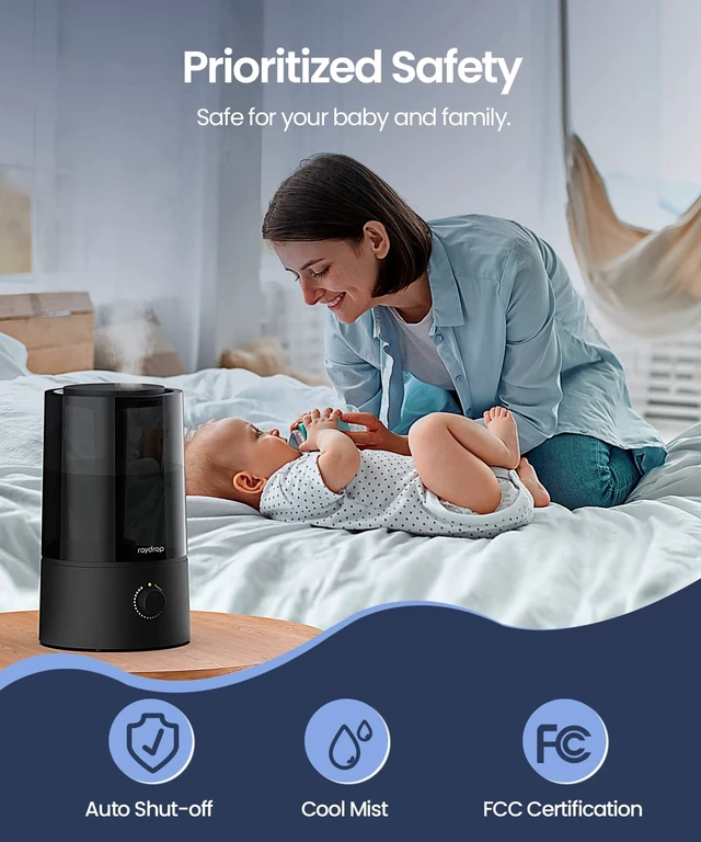 Alt view image 5 of 7 - raydrop Humidifiers for Bedroom, Humidifiers for Home & Large Room, Cool Mist Humidfiers for Baby and Plant, Adjustable Mist Level, Auto Shut-Off, Black, 4.0L