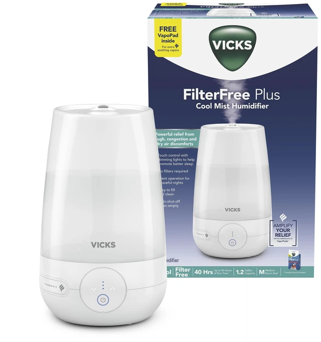 Main image of Vicks Filter-Free Plus Cool Mist Humidifier for Medium Rooms, 1.2 Gal Tank | Filter-free cool mist ultrasonic humidifier for baby, kids, and adult rooms, works with Vicks VapoPads