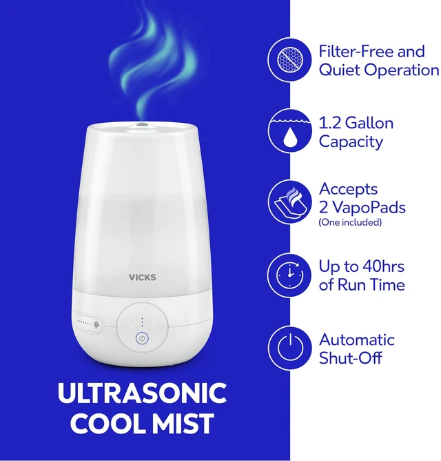 Alt view image 3 of 7 - Vicks Filter-Free Plus Cool Mist Humidifier for Medium Rooms, 1.2 Gal Tank | Filter-free cool mist ultrasonic humidifier for baby, kids, and adult rooms, works with Vicks VapoPads
