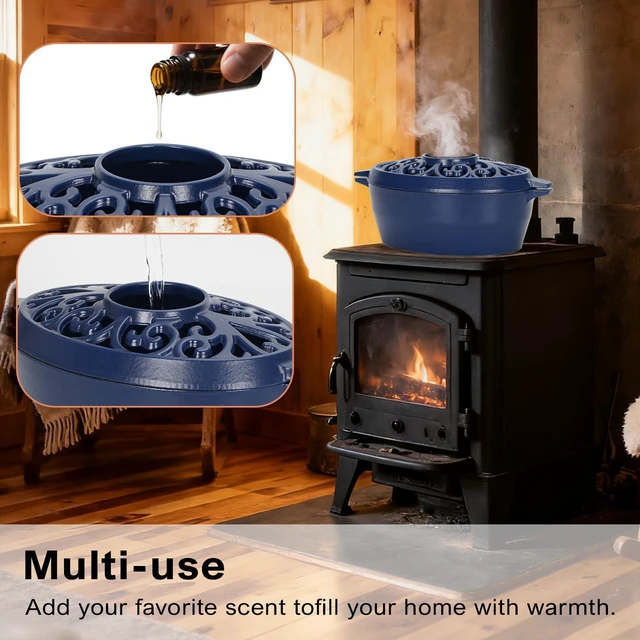 Alt view image 3 of 7 - GoCampDirect Wood Stove Steamer - 2.5 Quart Wood Stove Humidifier, Blue | Full Porcelain Enamel, Rust Resistant, Coated Cast Iron humidifier, Matte Black Finish with Lattice Top