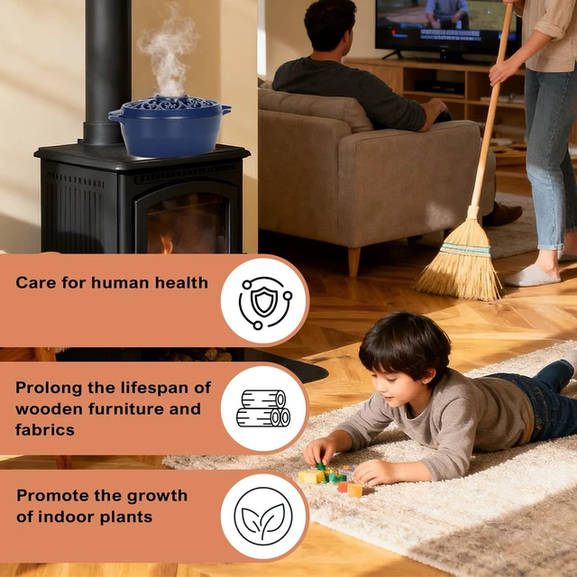 Alt view image 6 of 7 - GoCampDirect Wood Stove Steamer - 2.5 Quart Wood Stove Humidifier, Blue | Full Porcelain Enamel, Rust Resistant, Coated Cast Iron humidifier, Matte Black Finish with Lattice Top