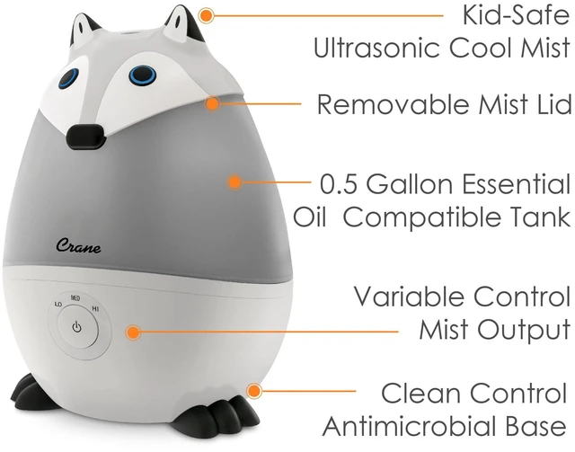 Alt view image 3 of 7 - Crane Ultrasonic Cool Mist Animal Humidifier for Kids' Bedroom & Nursery, Adjustable 0.5 Gallon, Auto Shut-Off Silver Fox 0.5 Gallon Grey
