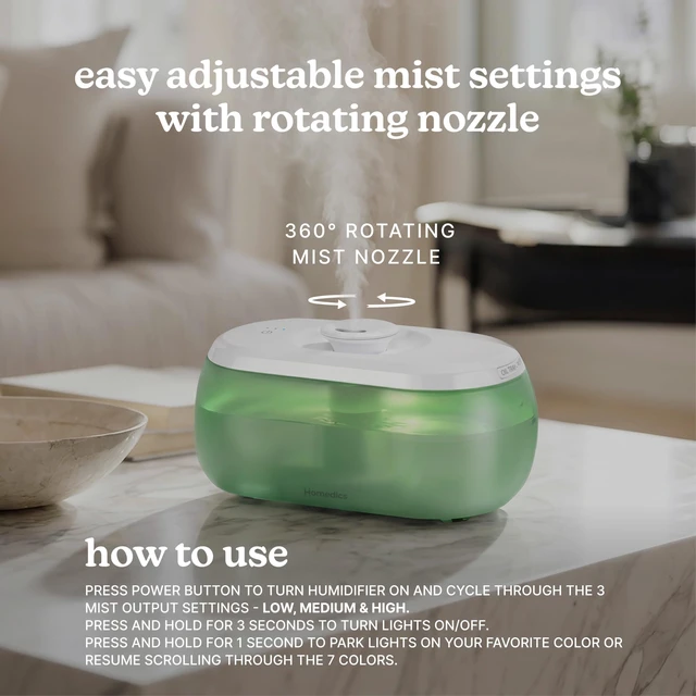 Alt view image 6 of 7 - Homedics Ultrasonic Humidifier with Visible Cool Mist 0.5-Gal Top-Fill Tank | 3 Mist Settings, 360° Nozzle, 7-Color Night-Light, Aromatherapy Tray, Auto Shutoff, Filter-Free, Medium Rooms
