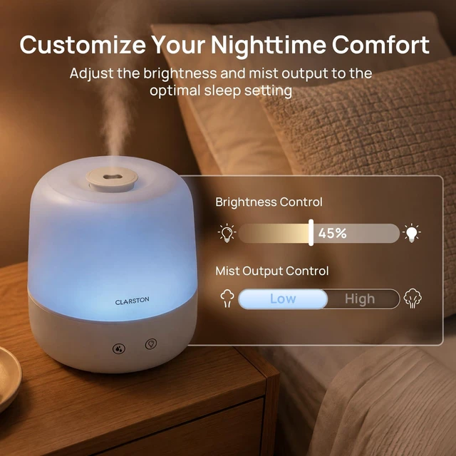 Alt view image 2 of 7 - Clarston Humidifiers for Bedroom, 2L Cool Mist Humidifier, 24dB Quiet Sleep | 25H Runtime, Easy to Top Fill & Clean, Humidification for Baby Nursery & Plant, 360° Nozzle for Large Room, Nightlight