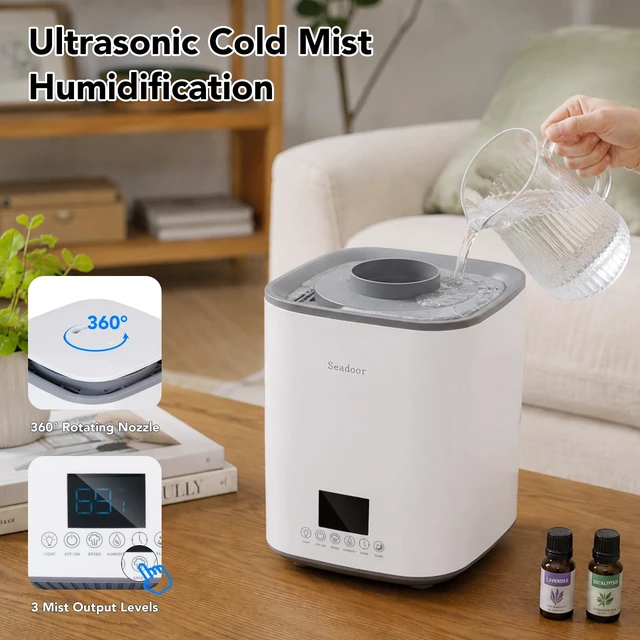 Alt view image 4 of 7 - Seadoor Humidifier for Bedroom, 3L Ultrasonic Cool Mist | 360° Nozzle, Small & Easy to Clean, with Sleep Mode, Timer, Night Light & 3 Mist Levels - for Home, Room, Office & Plants