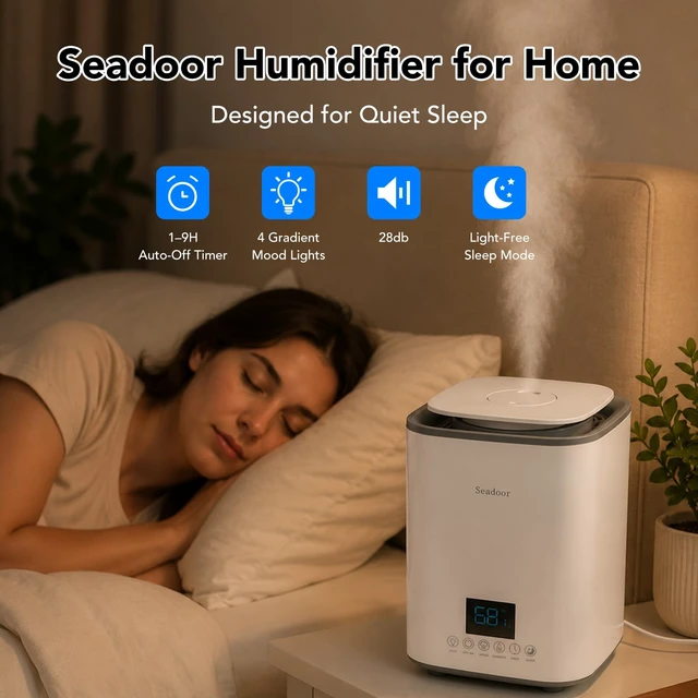 Alt view image 3 of 7 - Seadoor Humidifier for Bedroom, 3L Ultrasonic Cool Mist | 360° Nozzle, Small & Easy to Clean, with Sleep Mode, Timer, Night Light & 3 Mist Levels - for Home, Room, Office & Plants