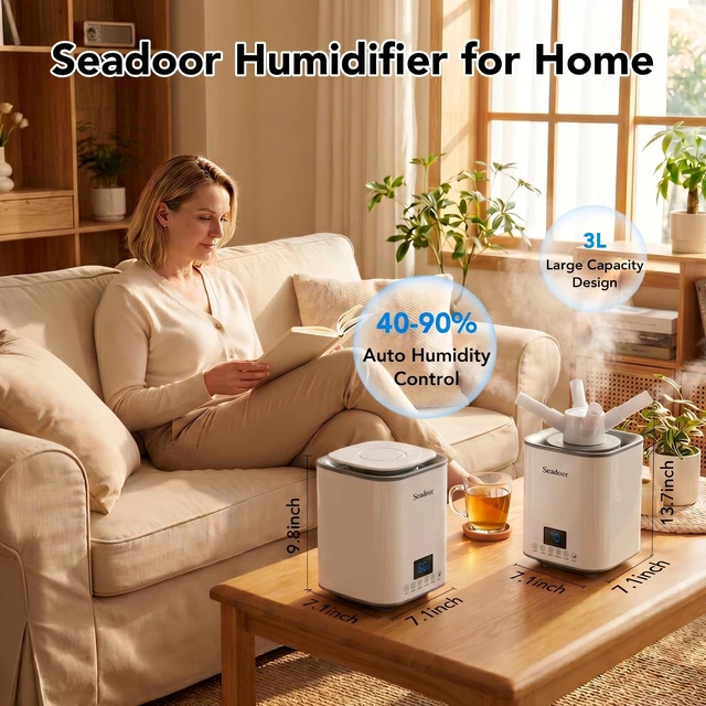 Alt view image 2 of 7 - Seadoor Humidifier for Bedroom, 3L Ultrasonic Cool Mist | 360° Nozzle, Small & Easy to Clean, with Sleep Mode, Timer, Night Light & 3 Mist Levels - for Home, Room, Office & Plants