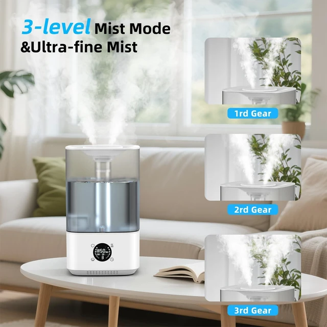 Alt view image 3 of 7 - PKBD 6L Cool Mist Humidifiers for Bedroom, 3-level Adjustable Mist Modes | with 4 Timer Options, Top-Fill & Easy to Clean, Multi-color Night Light, Wide Coverage Quick Humidification, White