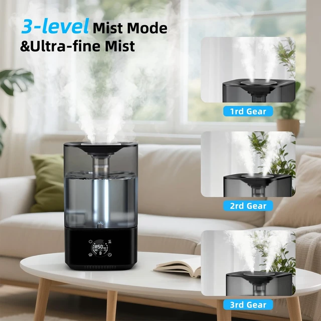 Alt view image 3 of 7 - PKBD 6L Cool Mist Humidifiers for Bedroom, 3-level Adjustable Mist Modes | with 4 Timer Options, Top-Fill & Easy to Clean, Multi-color Night Light, Wide Coverage Quick Humidification, Black