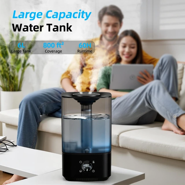 Alt view image 2 of 7 - PKBD 6L Cool Mist Humidifiers for Bedroom, 3-level Adjustable Mist Modes | with 4 Timer Options, Top-Fill & Easy to Clean, Multi-color Night Light, Wide Coverage Quick Humidification, Black