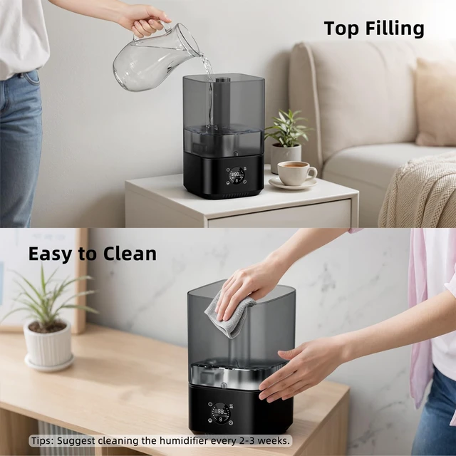 Alt view image 5 of 7 - PKBD 6L Cool Mist Humidifiers for Bedroom, 3-level Adjustable Mist Modes | with 4 Timer Options, Top-Fill & Easy to Clean, Multi-color Night Light, Wide Coverage Quick Humidification, Black