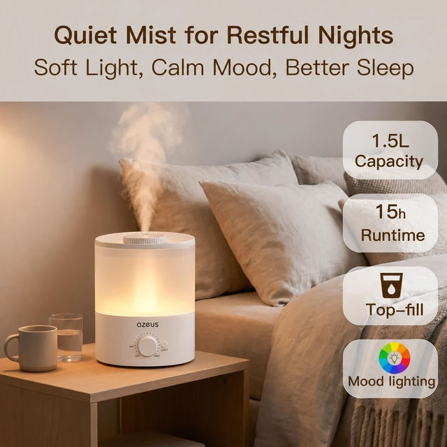 Alt view image 2 of 7 - AZEUS 1.5L Cool Mist Humidifier, Quiet with 7-Color Night Light | 1.5L Tank, Quiet Cool Mist, 7-Color Night Light, Adjustable Mist Control, Auto Shut-Off, Low Power Design