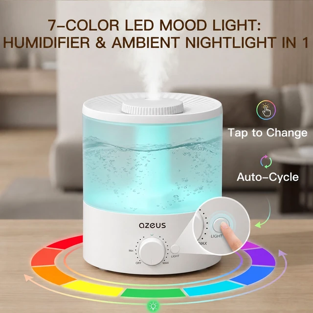 Alt view image 4 of 7 - AZEUS 1.5L Cool Mist Humidifier, Quiet with 7-Color Night Light | 1.5L Tank, Quiet Cool Mist, 7-Color Night Light, Adjustable Mist Control, Auto Shut-Off, Low Power Design