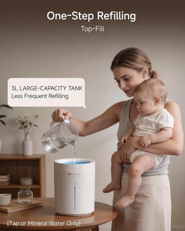 Alt view image 3 of 7 - Space Player 3L Cordless Dual-Spray Cool Mist Humidifier, 4000mAh 23dB | Top-fill, 4 mist modes, colorful ambient light, 2/4/8 hr timer & auto shut-off for bedrooms, nurseries, offices and plants