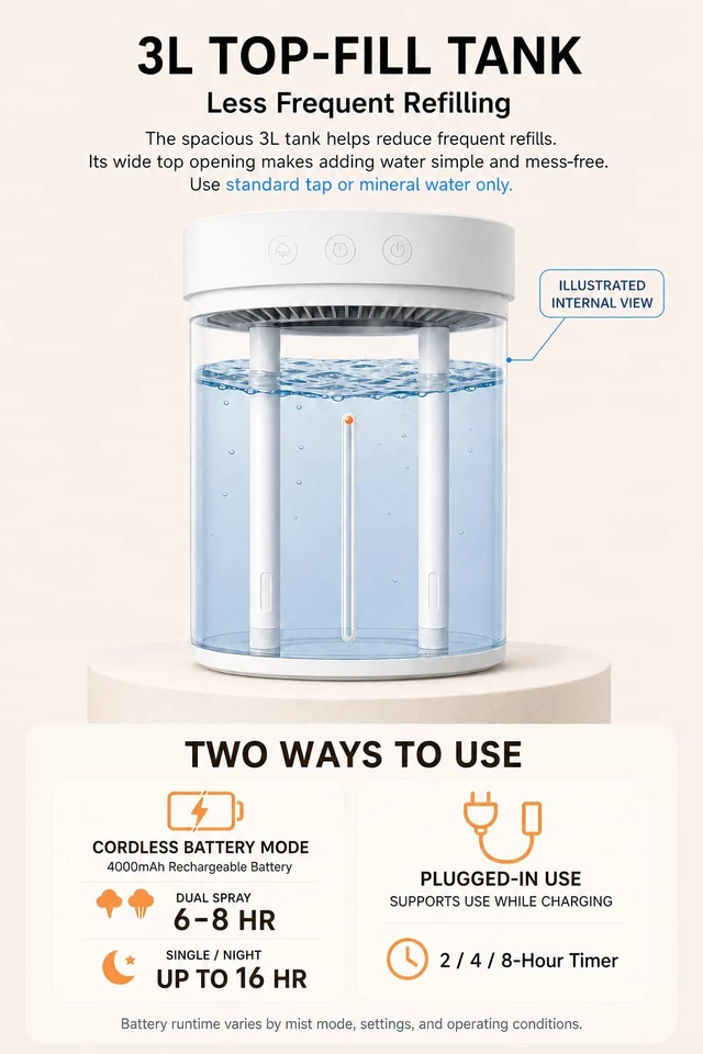Alt view image 6 of 7 - Space Player 3L Cordless Dual-Spray Cool Mist Humidifier, 4000mAh 23dB | Top-fill, 4 mist modes, colorful ambient light, 2/4/8 hr timer & auto shut-off for bedrooms, nurseries, offices and plants