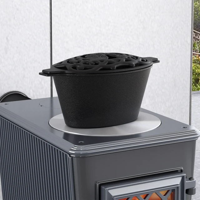 Alt view image 3 of 7 - Fire Beauty Cast Iron Wood Stove Humidifier, Evaporative Kettle Chicken | No Electricity No Filter; 2.3Qt Capacity; Cast Iron; Lattice Lid; Aromatherapy; Anti-Rust; Fits Wood Gas Stoves; Dual Handles