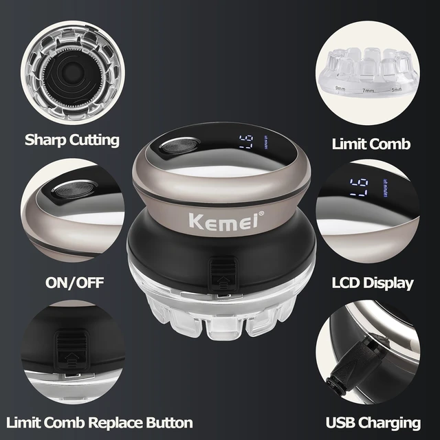 Alt view image 3 of 7 - KEMEI Hair Clipper for Men Automatic Circular Hair Trimmer Self-Haircut Kit | Professional Hair Clippers with LED Display, 360-Degree Rotating Head, Travel Lock, KM-887 Silvery