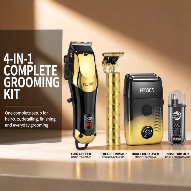 Alt view image 2 of 7 - pebsoa Hair Clippers for Men, 4-in-1 Cordless Grooming Kit with Trimmer | 4-in-1 grooming kit with hair clipper, T-blade trimmer, dual foil shaver and nose trimmer for complete home grooming