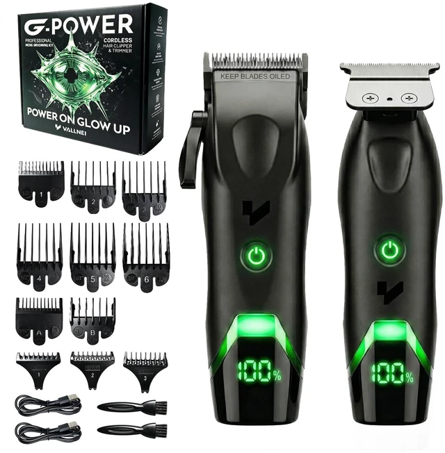 Main image of VALLNEI® Professional Hair Clippers for Men, Clipper & Trimmer Set, G-Power | 7000RPM Cordless Clipper and Trimmer Set, Coated Blades, Signature Green LED Display & Glowing Interface, Black