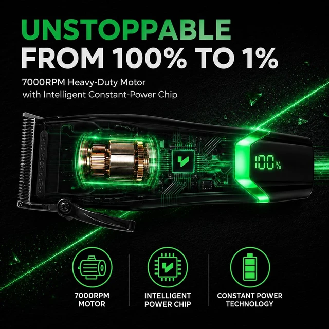 Alt view image 2 of 7 - VALLNEI® Professional Hair Clippers for Men, Clipper & Trimmer Set, G-Power | 7000RPM Cordless Clipper and Trimmer Set, Coated Blades, Signature Green LED Display & Glowing Interface, Black