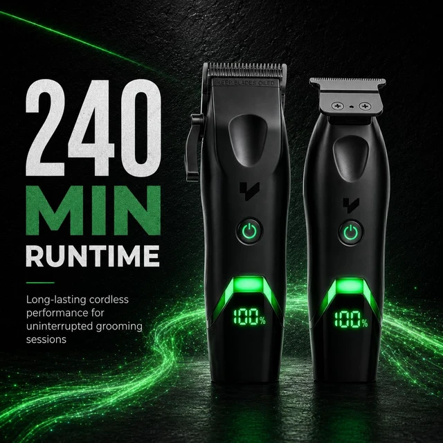 Alt view image 6 of 7 - VALLNEI® Professional Hair Clippers for Men, Clipper & Trimmer Set, G-Power | 7000RPM Cordless Clipper and Trimmer Set, Coated Blades, Signature Green LED Display & Glowing Interface, Black