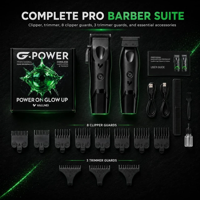 Alt view image 7 of 7 - VALLNEI® Professional Hair Clippers for Men, Clipper & Trimmer Set, G-Power | 7000RPM Cordless Clipper and Trimmer Set, Coated Blades, Signature Green LED Display & Glowing Interface, Black