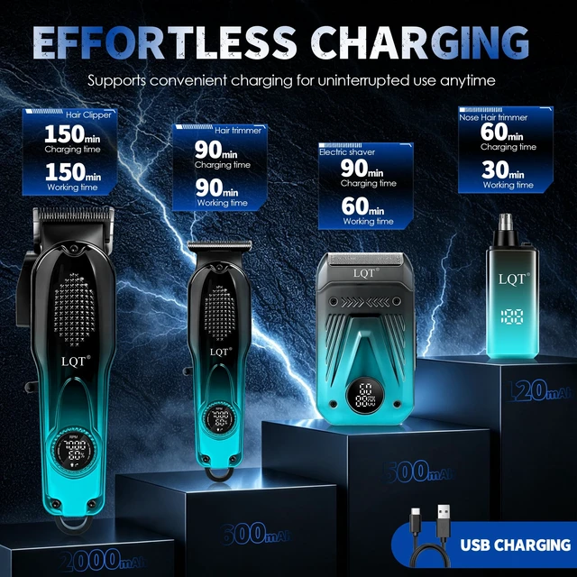 Alt view image 5 of 7 - LQT Hair Clippers for Men Professional, 4-in-1 Cordless Barber Kit with Hair Clipper, Detail Trimmer, Foil Shaver and Nose Trimmer, Digital Display, Guide Combs, Scissors and Cape