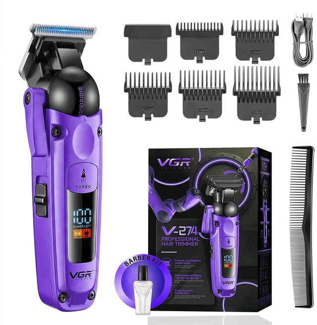 Main image of VGR 274 Professional Hair Trimmer for Men with T-Blade, Purple | 7000 RPM; 1500mAh battery; 140min runtime; ceramic blade; 5 guide combs; cleaning brush; charging cable