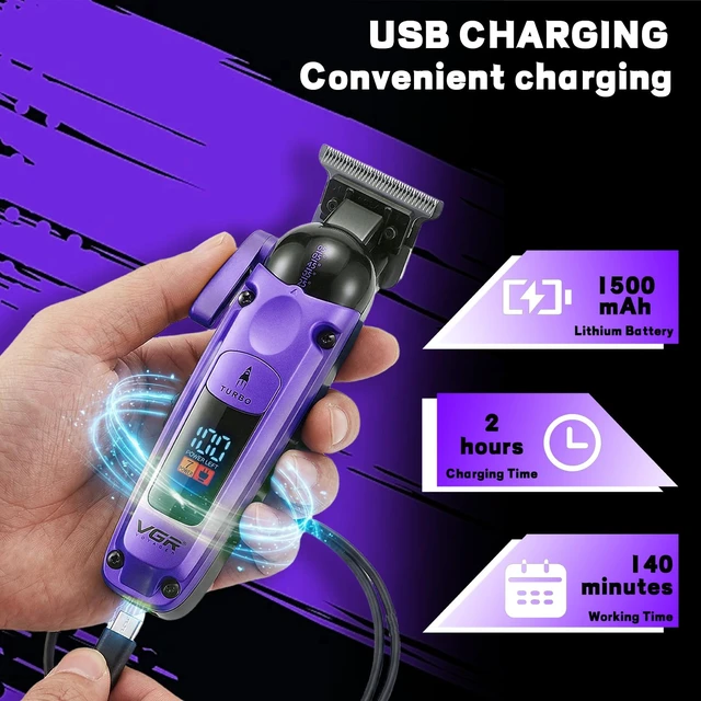 Alt view image 6 of 7 - VGR 274 Professional Hair Trimmer for Men with T-Blade, Purple | 7000 RPM; 1500mAh battery; 140min runtime; ceramic blade; 5 guide combs; cleaning brush; charging cable