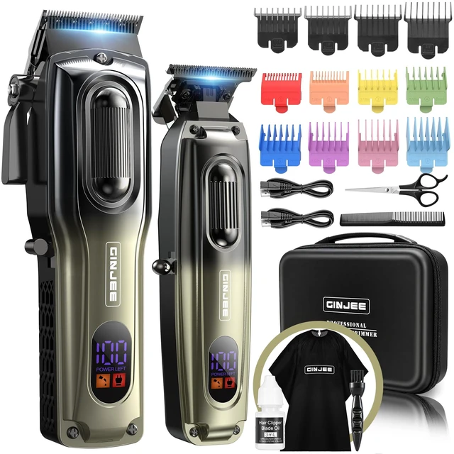 Main image of GinJee Cordless Hair Clipper and Trimmer Kit for Men | Professional hair cutting kit with travel case, 12 guide combs, USB charging, and LED display