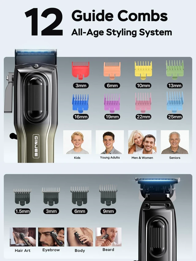Alt view image 4 of 7 - GinJee Cordless Hair Clipper and Trimmer Kit for Men | Professional hair cutting kit with travel case, 12 guide combs, USB charging, and LED display