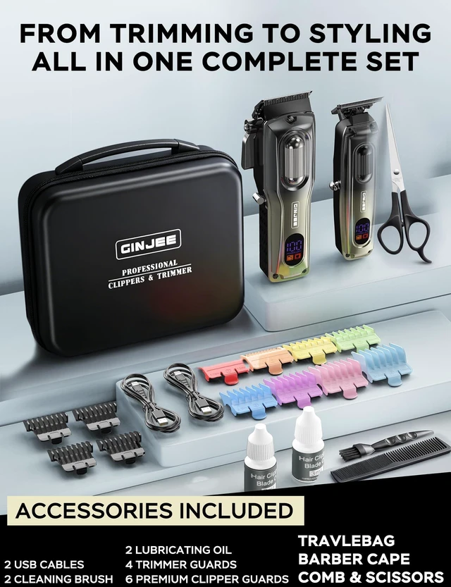 Alt view image 7 of 7 - GinJee Cordless Hair Clipper and Trimmer Kit for Men | Professional hair cutting kit with travel case, 12 guide combs, USB charging, and LED display
