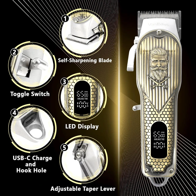 Alt view image 7 of 7 - VanEdwin Heavy-Duty Professional Hair Clippers for Men, High-Power Professional Barber Clippers, Mens Hair Trimmer and Beard Trimmer, All Metal Housing, Corded and Cordless Operation