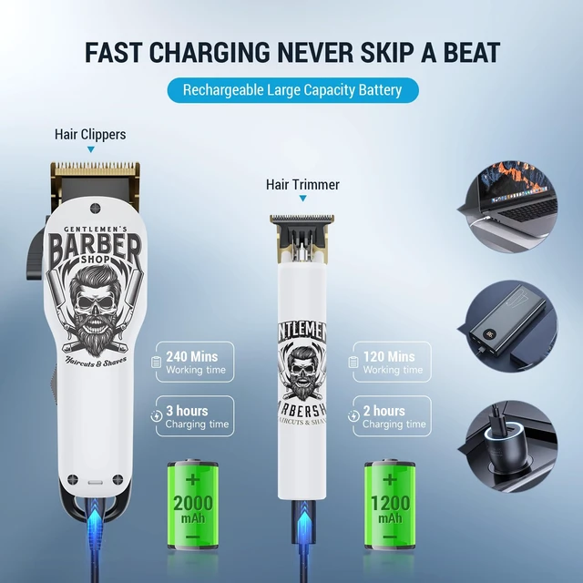 Alt view image 4 of 6 - BESTBOMG® Professional Hair Clippers for Men, Clipper & Trimmer Set, White | Ceramic T-Blade, Rechargeable Cordless Haircut Set with 10 Guide Combs & for Men/Father/Husband/Boyfriend, BS-Y4T9