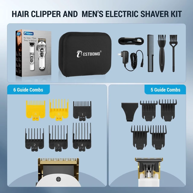 Alt view image 5 of 6 - BESTBOMG® Professional Hair Clippers for Men, Clipper & Trimmer Set, White | Ceramic T-Blade, Rechargeable Cordless Haircut Set with 10 Guide Combs & for Men/Father/Husband/Boyfriend, BS-Y4T9