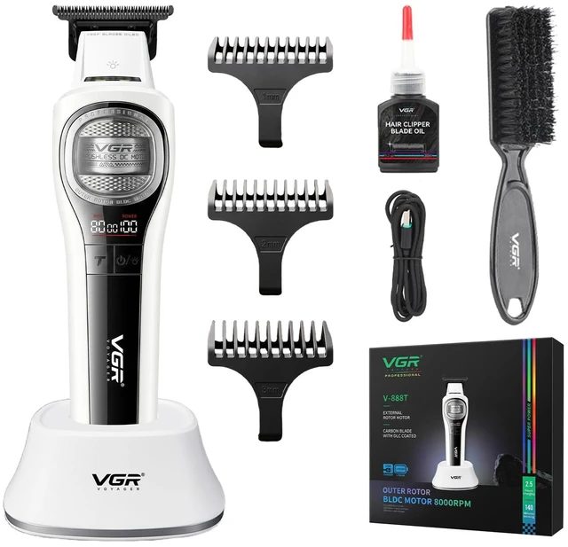 Main image of VGR 888T Hair Trimmer for Men, T-Blade, 8000RPM, DLC-Coated Blade, White | Cordless detail trimming; LED display; built-in light; 2000mAh battery; USB charging base; 1/2/3mm combs