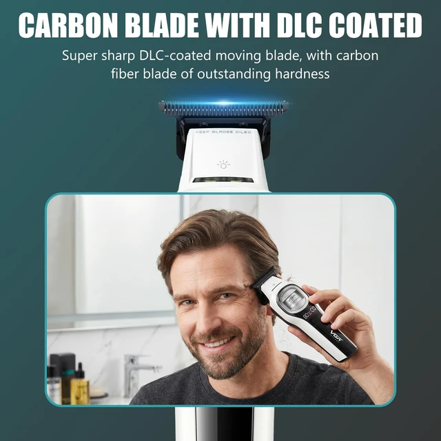 Alt view image 3 of 7 - VGR 888T Hair Trimmer for Men, T-Blade, 8000RPM, DLC-Coated Blade, White | Cordless detail trimming; LED display; built-in light; 2000mAh battery; USB charging base; 1/2/3mm combs