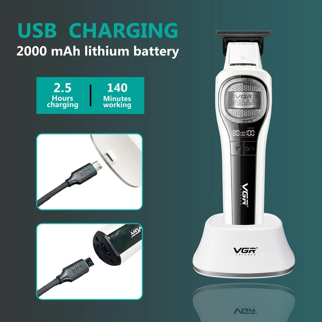 Alt view image 4 of 7 - VGR 888T Hair Trimmer for Men, T-Blade, 8000RPM, DLC-Coated Blade, White | Cordless detail trimming; LED display; built-in light; 2000mAh battery; USB charging base; 1/2/3mm combs